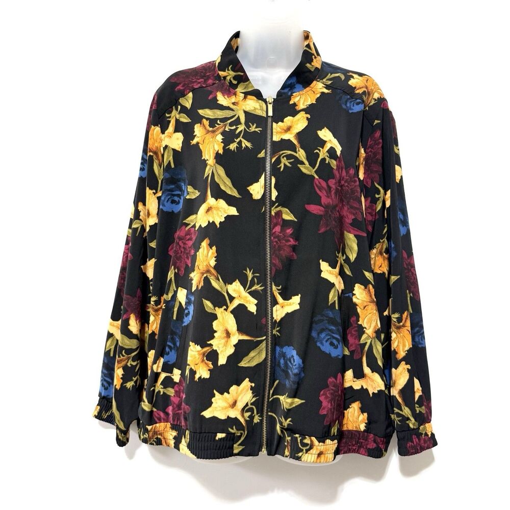 Susan Graver Bomber Jacket Sz 1X Black Floral Full Zip Pockets Liquid Knit